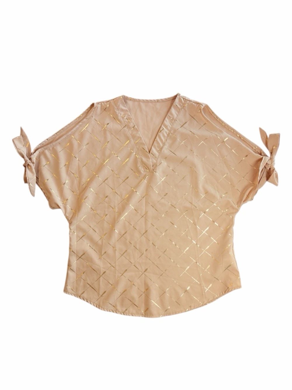 Metallic Gold Beige Grid Coldâ Shoulder Top V-Neck Tie Sleeve Blouse Med - Picture 4 of 10